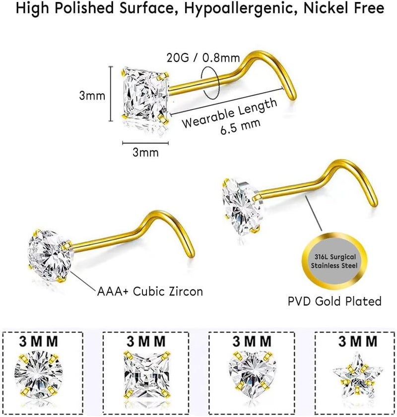 SEEDRILL 8Pcs 20G Nose Rings studs for Woman Hypoallergenic Nose Studs 316L Surgical Steel with Gold Plated Nose Piercings Jewelry 3mm CZ L Shape Nose Rings 20 Gauge Nose Stud Nose Screw Studs - Image 3